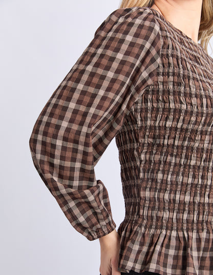 Foxwood Coco Check Top - Coffee Check | Women's Shirred Cotton Blouse