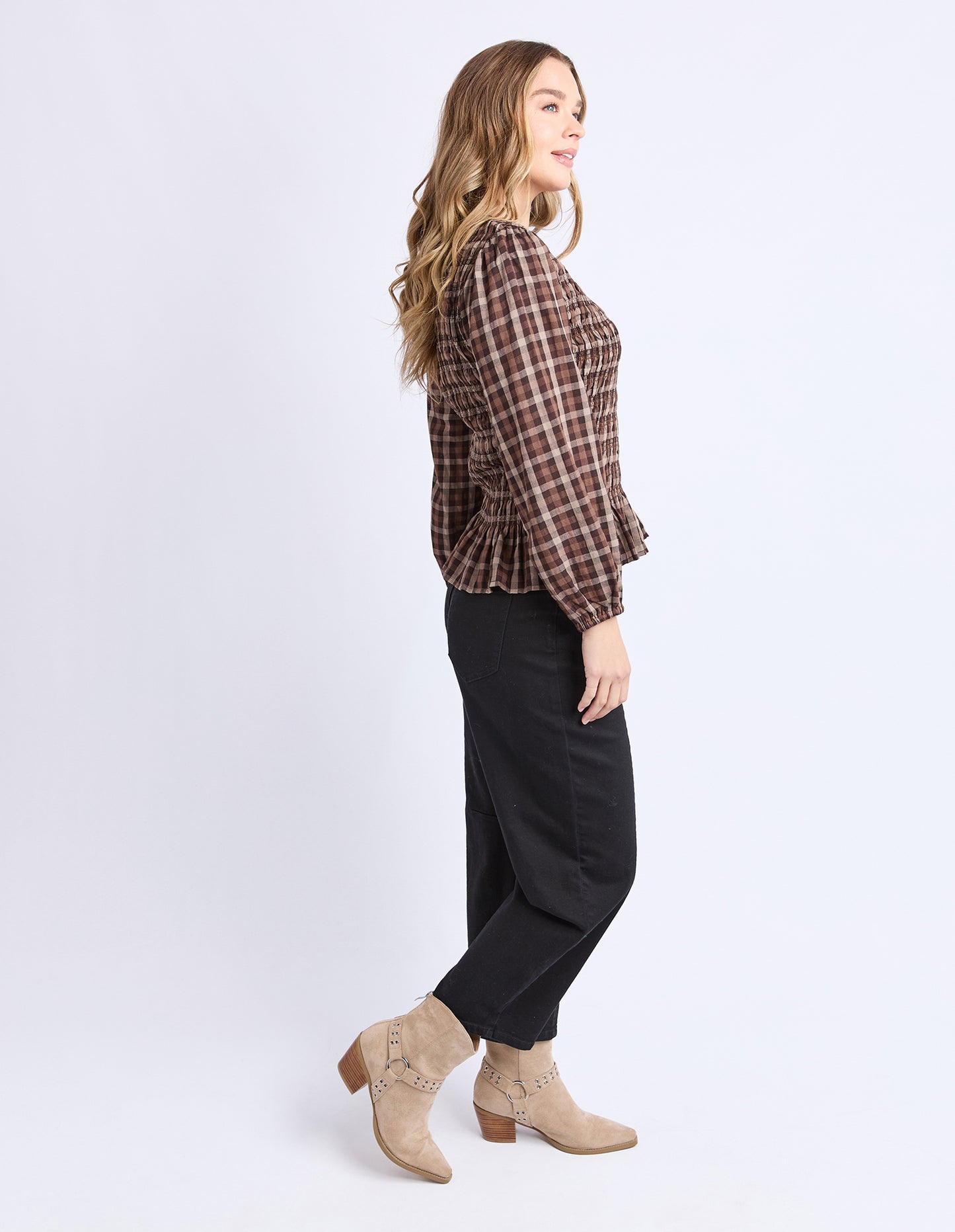 Foxwood Coco Check Top - Coffee Check | Women's Shirred Cotton Blouse
