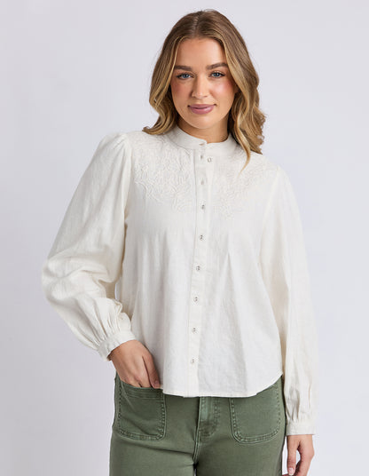 Foxwood Eleanor Top - Vintage White | Women's Linen Blend Embroidered Button Blouse