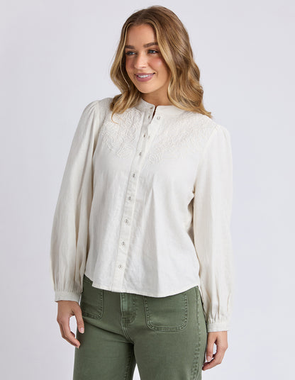 Foxwood Eleanor Top - Vintage White | Women's Linen Blend Embroidered Button Blouse