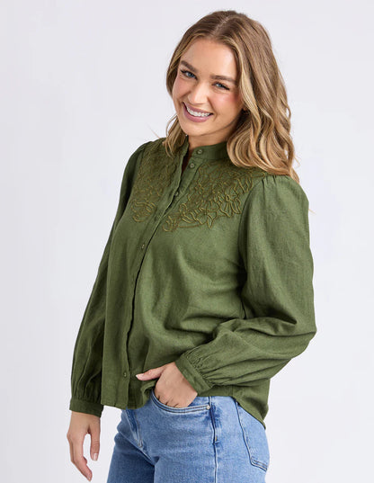 Foxwood Eleanor Top - Winter Moss | Women's Linen Blend Embroidered Button Blouse
