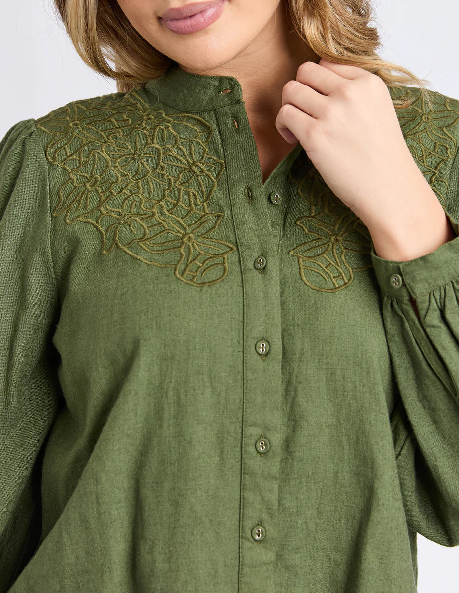 Close‑up of embroidered chest detailing on the Foxwood Eleanor Top.

