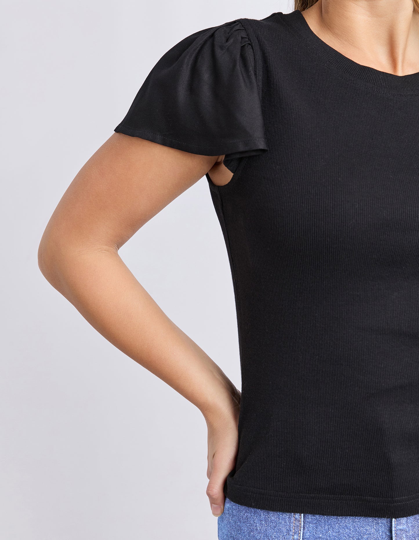 Foxwood Elle Rib Tee - Black | Ribbed Cotton Tee with Woven Sleeves