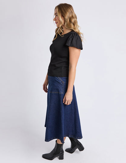 Foxwood Elle Rib Tee - Black | Ribbed Cotton Tee with Woven Sleeves