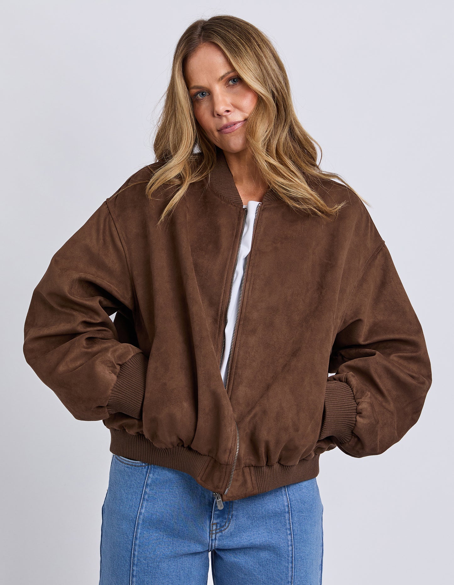 Foxwood Evie Suede Bomber in Chocolate — women’s suede‑look bomber jacket
