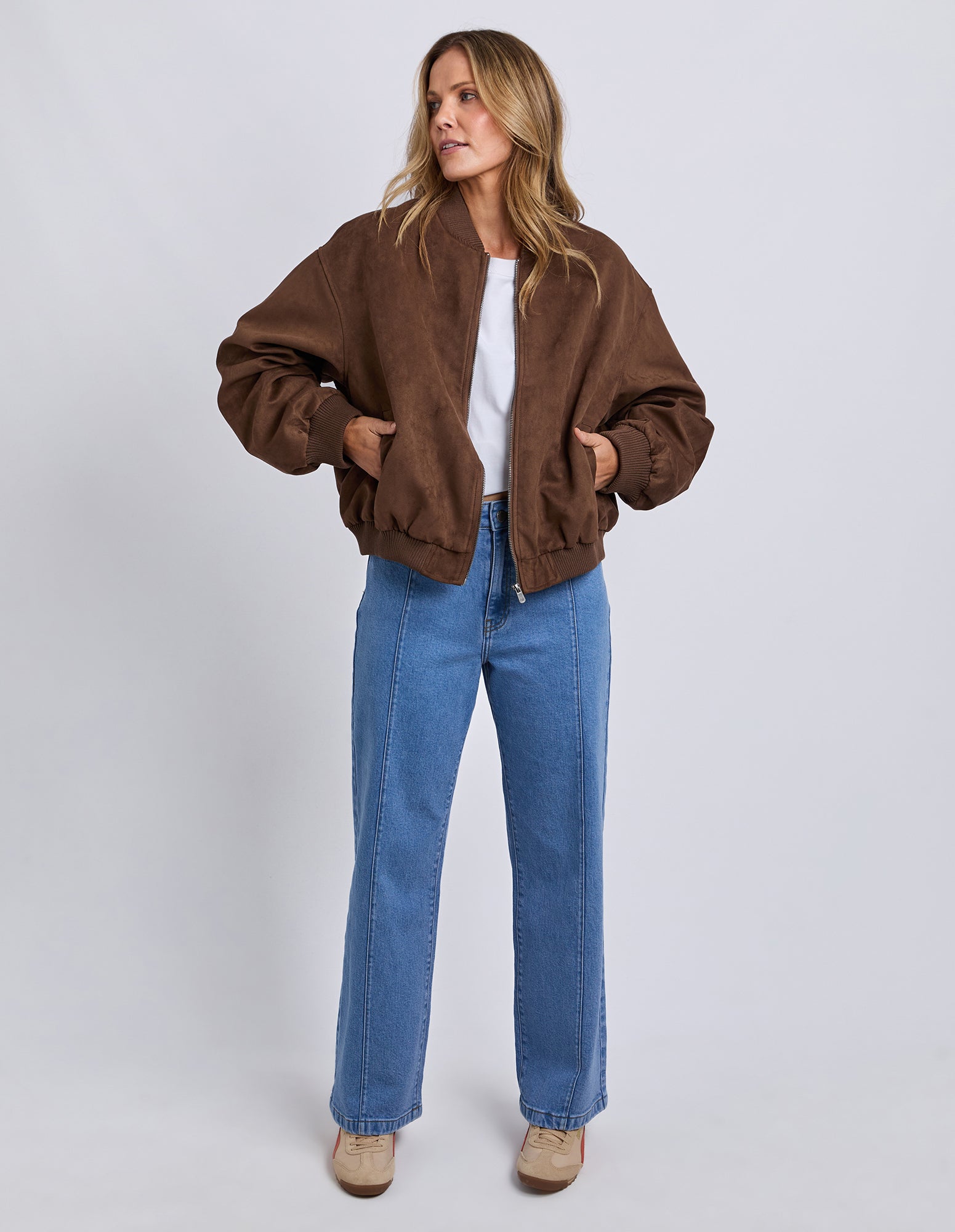 Front view of Foxwood Evie Suede Bomber with ribbed trims
