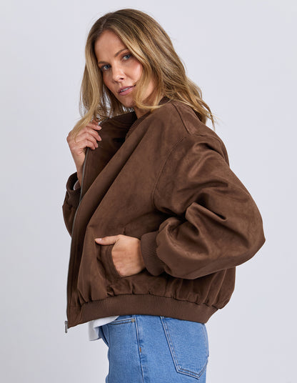 Side view of Chocolate suede‑look bomber jacket with pockets