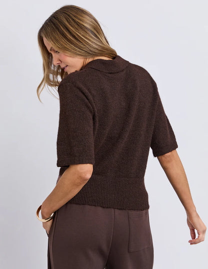 Back view of the Fernie Button Knit highlighting relaxed fit and ribbed hem.