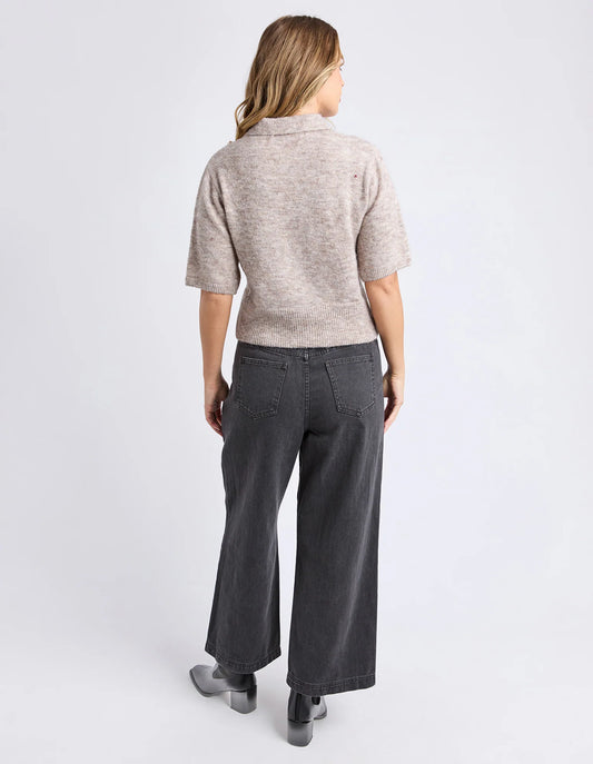 Back view of the Fernie Button Knit highlighting relaxed fit and ribbed hem.
