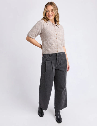 Model wearing the Foxwood Fernie Button Knit in Oatmeal styled with denim.