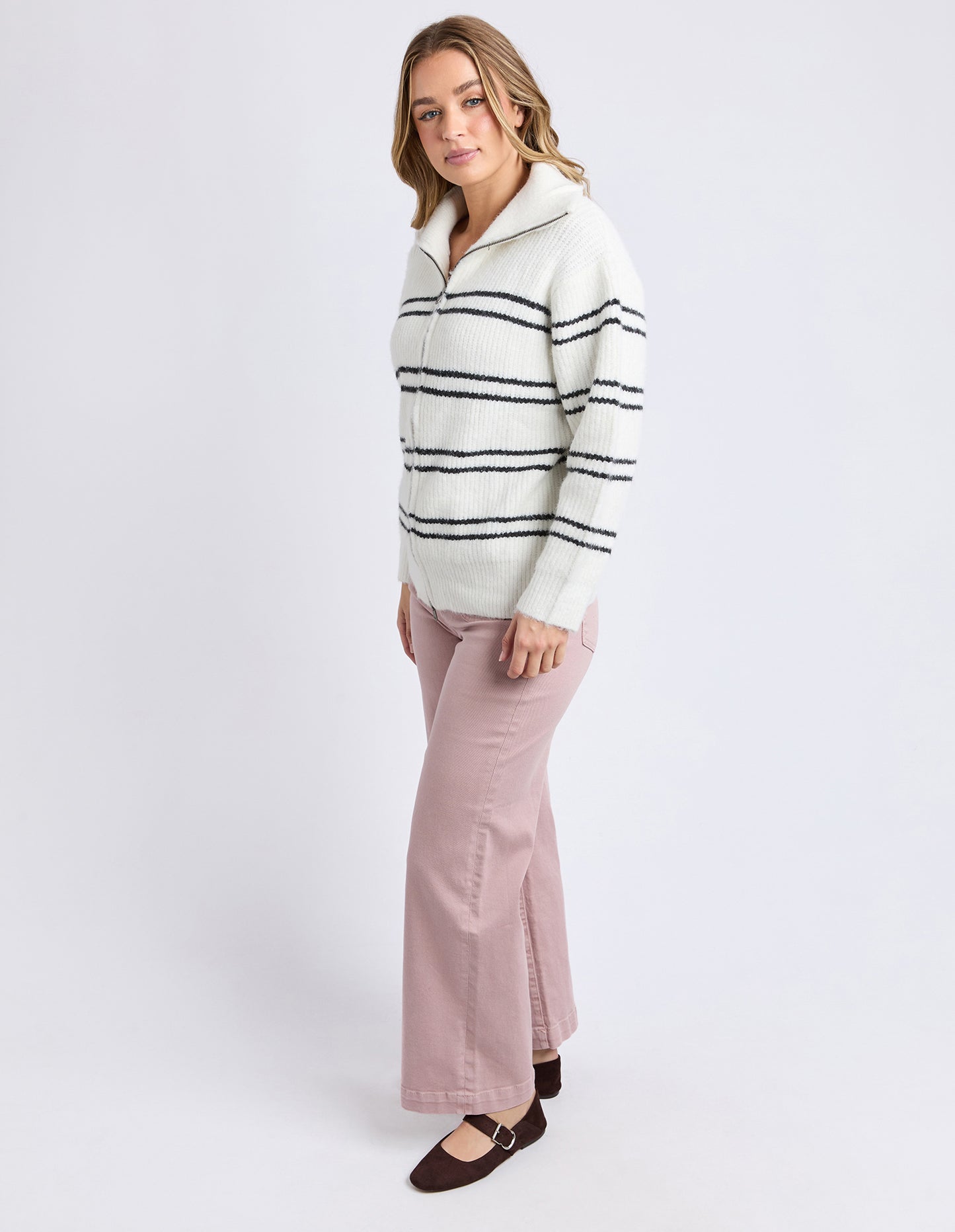 Foxwood Journey Zip Knit - White | Relaxed Striped Zip‑Front Knit Sweater