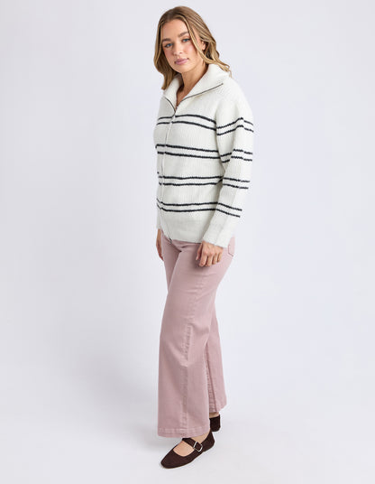 Foxwood Journey Zip Knit - White | Relaxed Striped Zip‑Front Knit Sweater