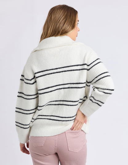 Back view of the Journey Zip Knit highlighting soft knit texture and classic stripe.

