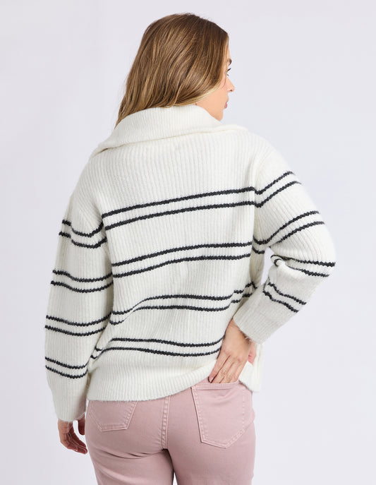 Back view of the Journey Zip Knit highlighting soft knit texture and classic stripe.

