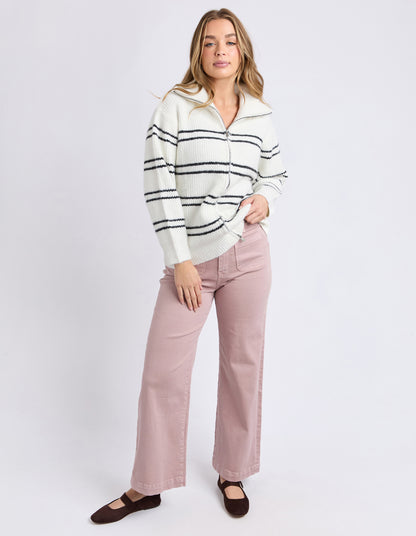 Front view of the Foxwood Journey Zip Knit in White showing yarn‑dyed stripe and relaxed fit.