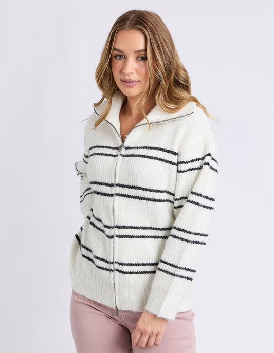 Foxwood Journey Zip Knit in White — relaxed striped zip‑front knit with soft recycled‑fibre blend.