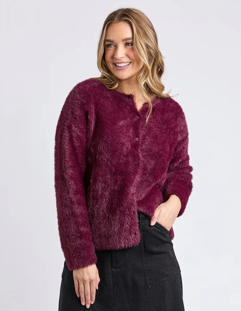 Foxwood Kenny Button Cardi in Windsor Wine — soft textured knit cardigan with button‑front and relaxed fit.