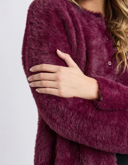 Front view of the Foxwood Kenny Button Cardi in Windsor Wine showing textured knit and button‑front.