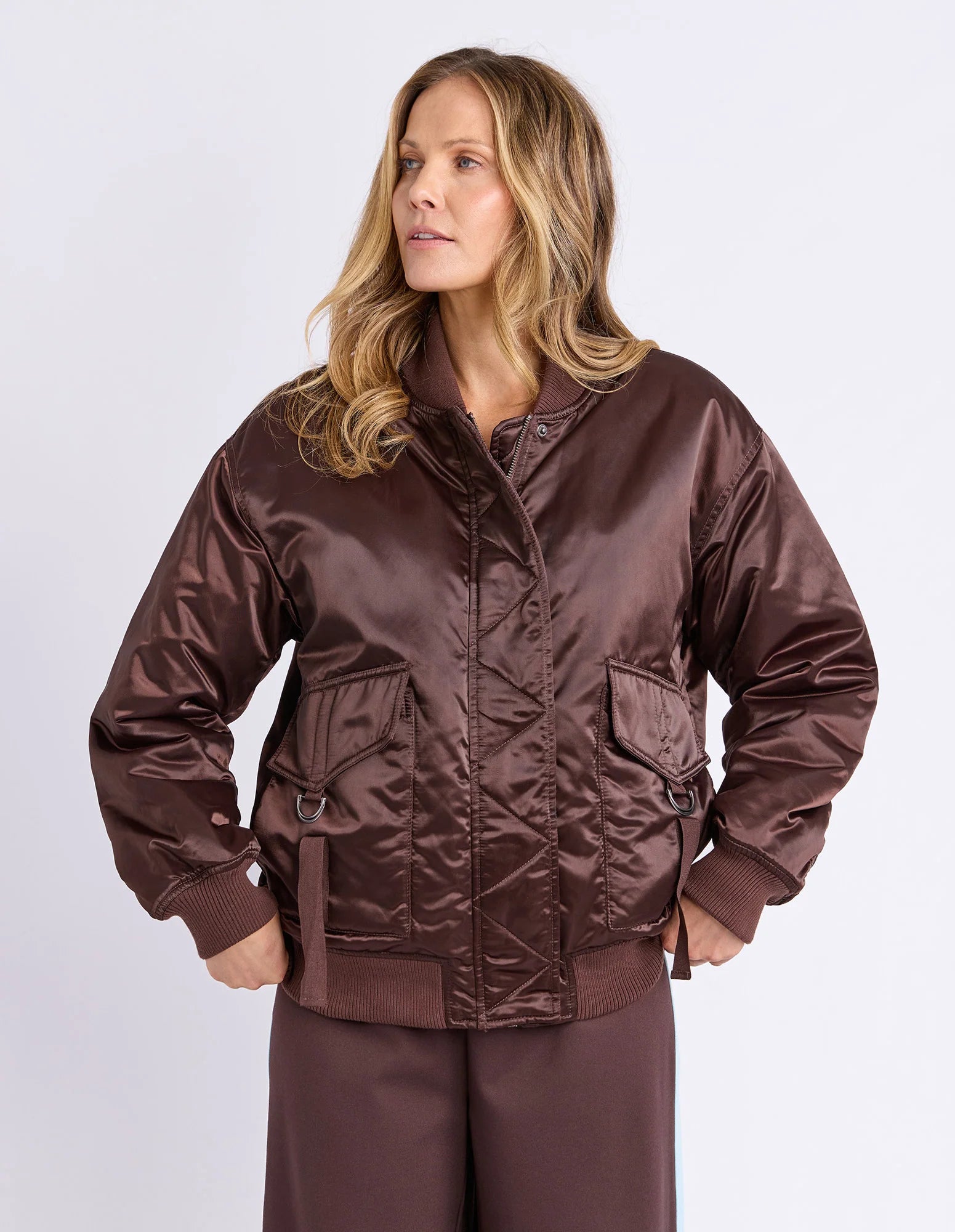 Foxwood Lucy Bomber in Coffee Bean with silky finish and oversized fit — Salt & Honey NZ