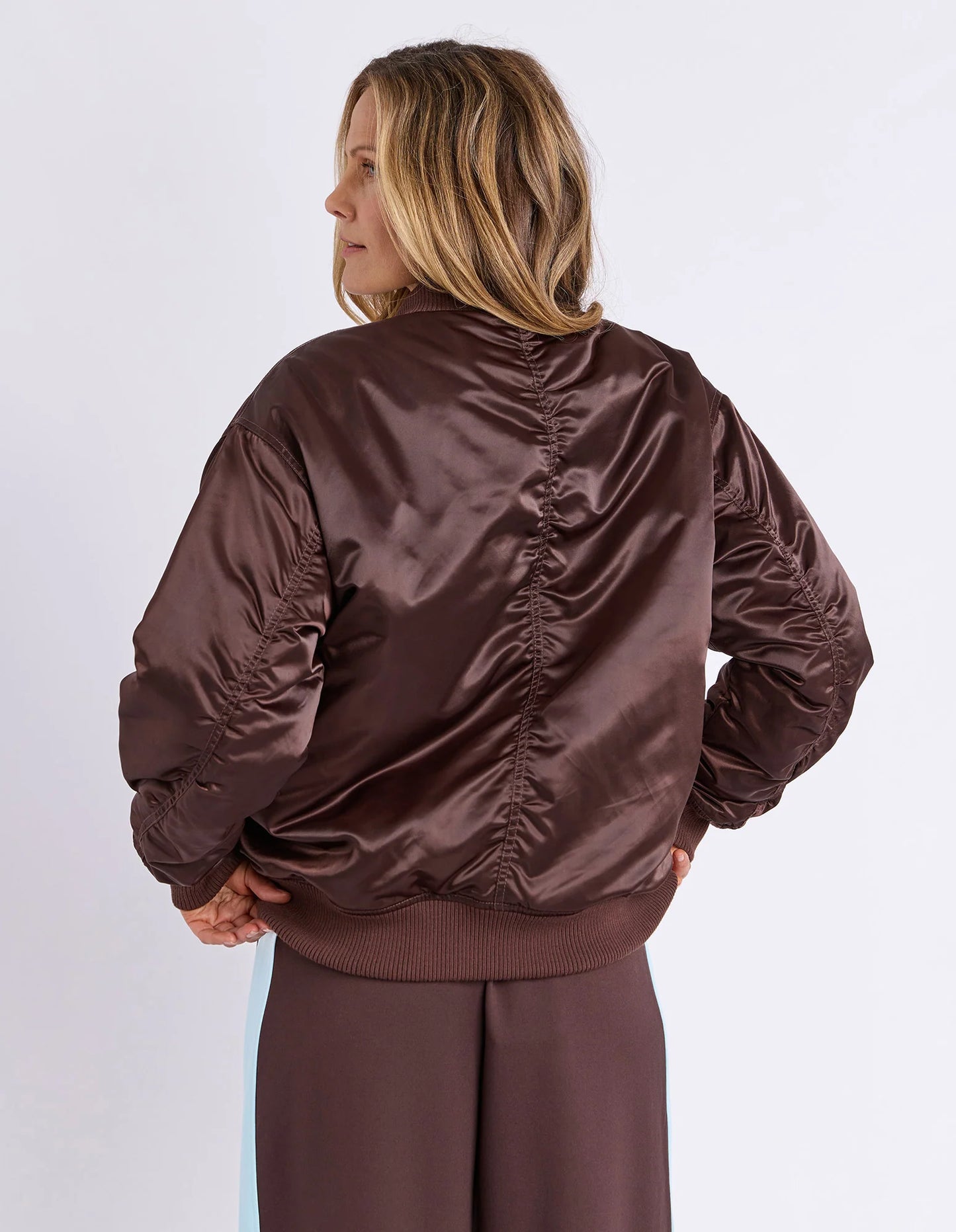 Back view of Foxwood Lucy Bomber in Coffee Bean — oversized silhouette