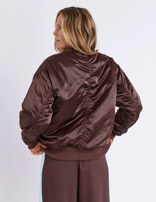 Back view of Foxwood Lucy Bomber in Coffee Bean — oversized silhouette