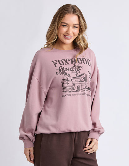 Foxwood Motor Crew in Woodrose — relaxed fit cotton crew with chest artwork