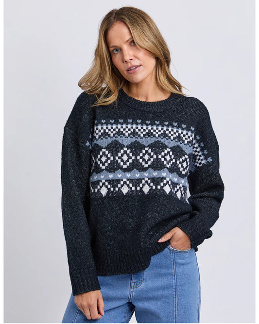 Foxwood Panorama Knit in Navy — cosy winter knit with warm‑toned intarsia pattern, relaxed fit and ribbed trims.
