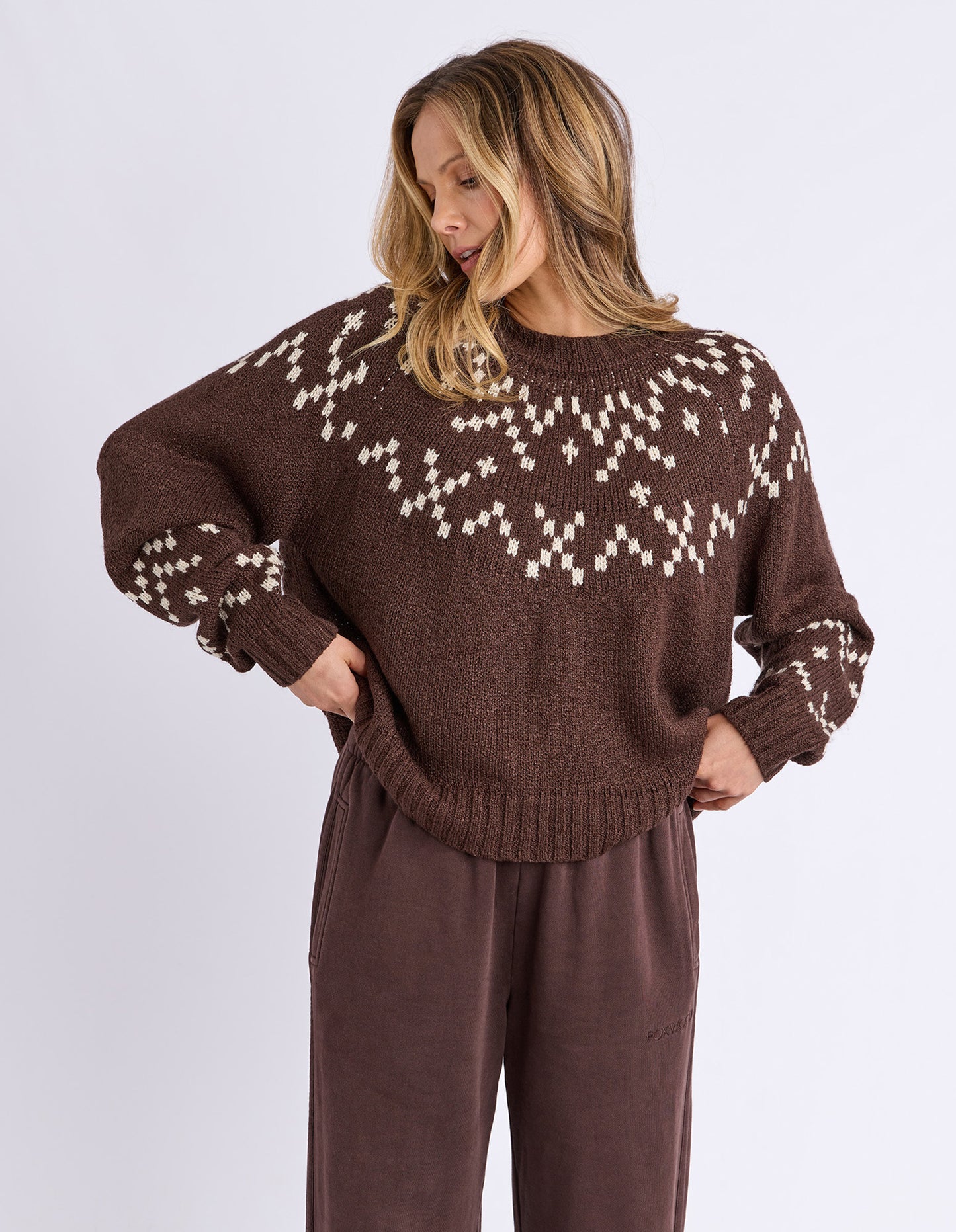 Foxwood Polar Knit Crew - Coffee | Wool Blend Intarsia Knit Jumper
