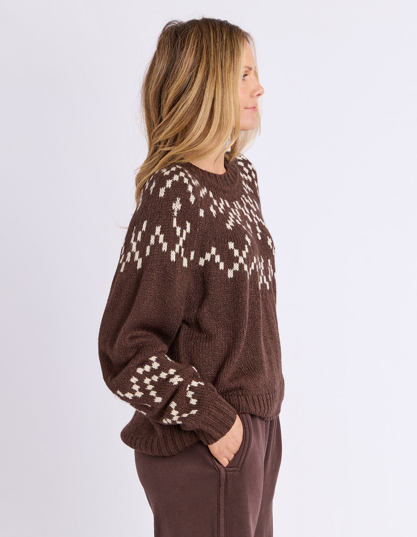 Foxwood Polar Knit Crew - Coffee | Wool Blend Intarsia Knit Jumper