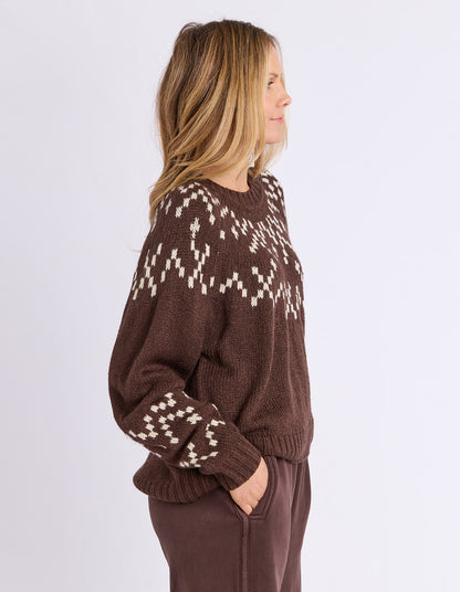 Foxwood Polar Knit Crew - Coffee | Wool Blend Intarsia Knit Jumper