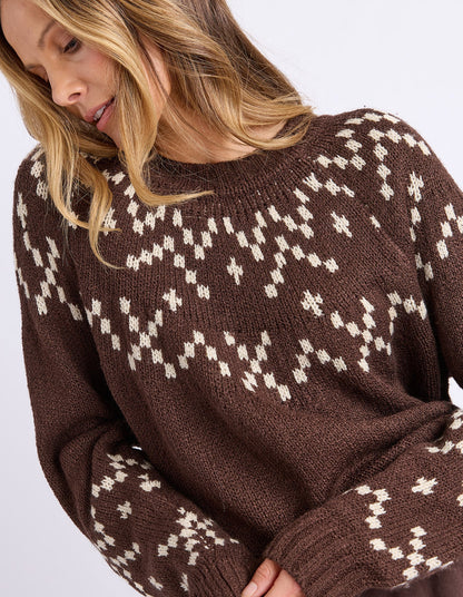 Foxwood Polar Knit Crew - Coffee | Wool Blend Intarsia Knit Jumper