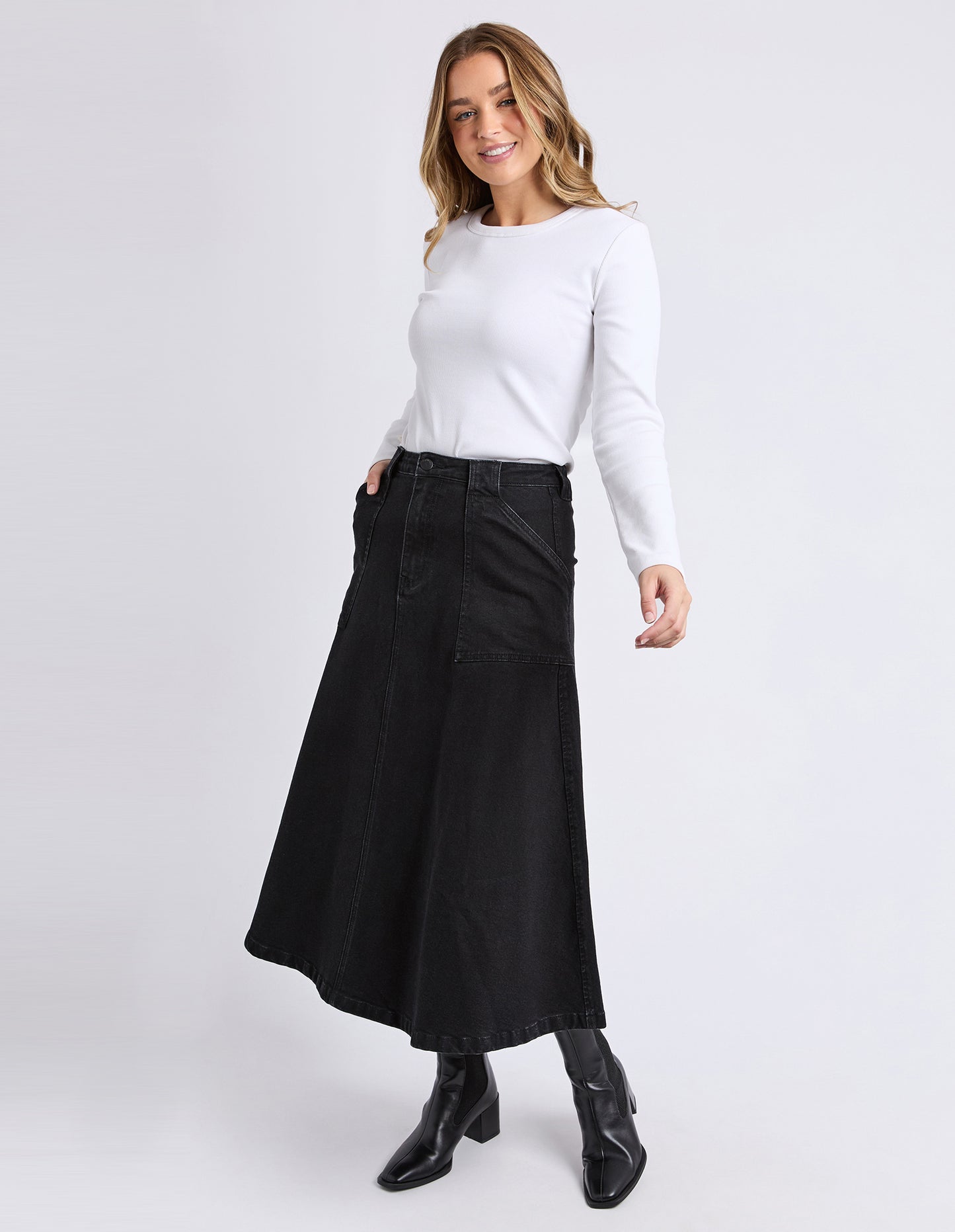 Foxwood Potter Skirt - Washed Black | Women’s Stretch Cotton Midi Denim Skirt