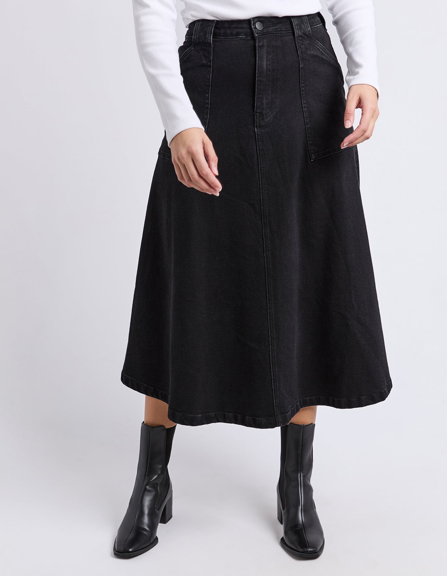Foxwood Potter Skirt - Washed Black | Women’s Stretch Cotton Midi Denim Skirt