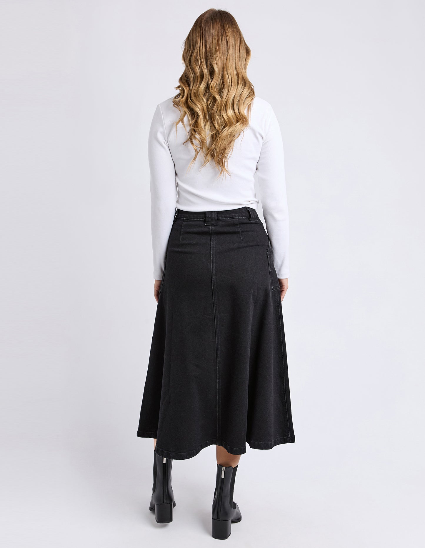 Foxwood Potter Skirt - Washed Black | Women’s Stretch Cotton Midi Denim Skirt