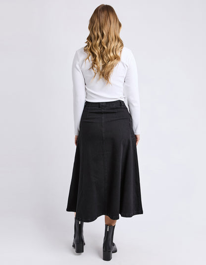 Foxwood Potter Skirt - Washed Black | Women’s Stretch Cotton Midi Denim Skirt