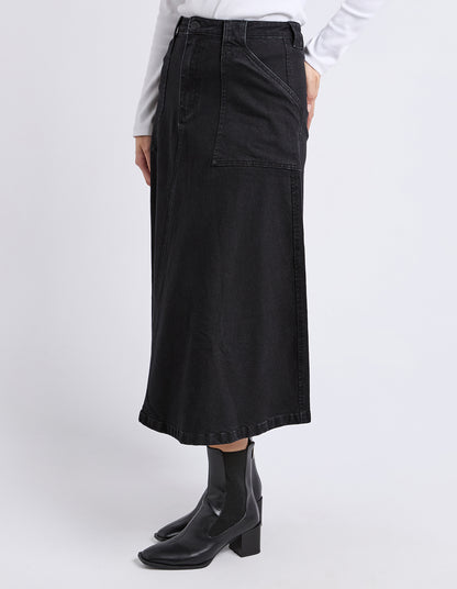 Foxwood Potter Skirt - Washed Black | Women’s Stretch Cotton Midi Denim Skirt