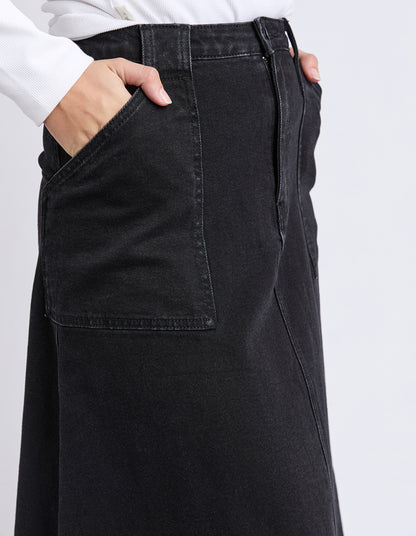 Foxwood Potter Skirt - Washed Black | Women’s Stretch Cotton Midi Denim Skirt