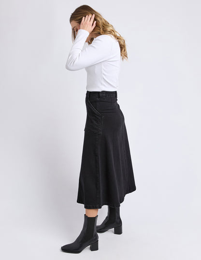 Foxwood Potter Skirt - Washed Black | Women’s Stretch Cotton Midi Denim Skirt