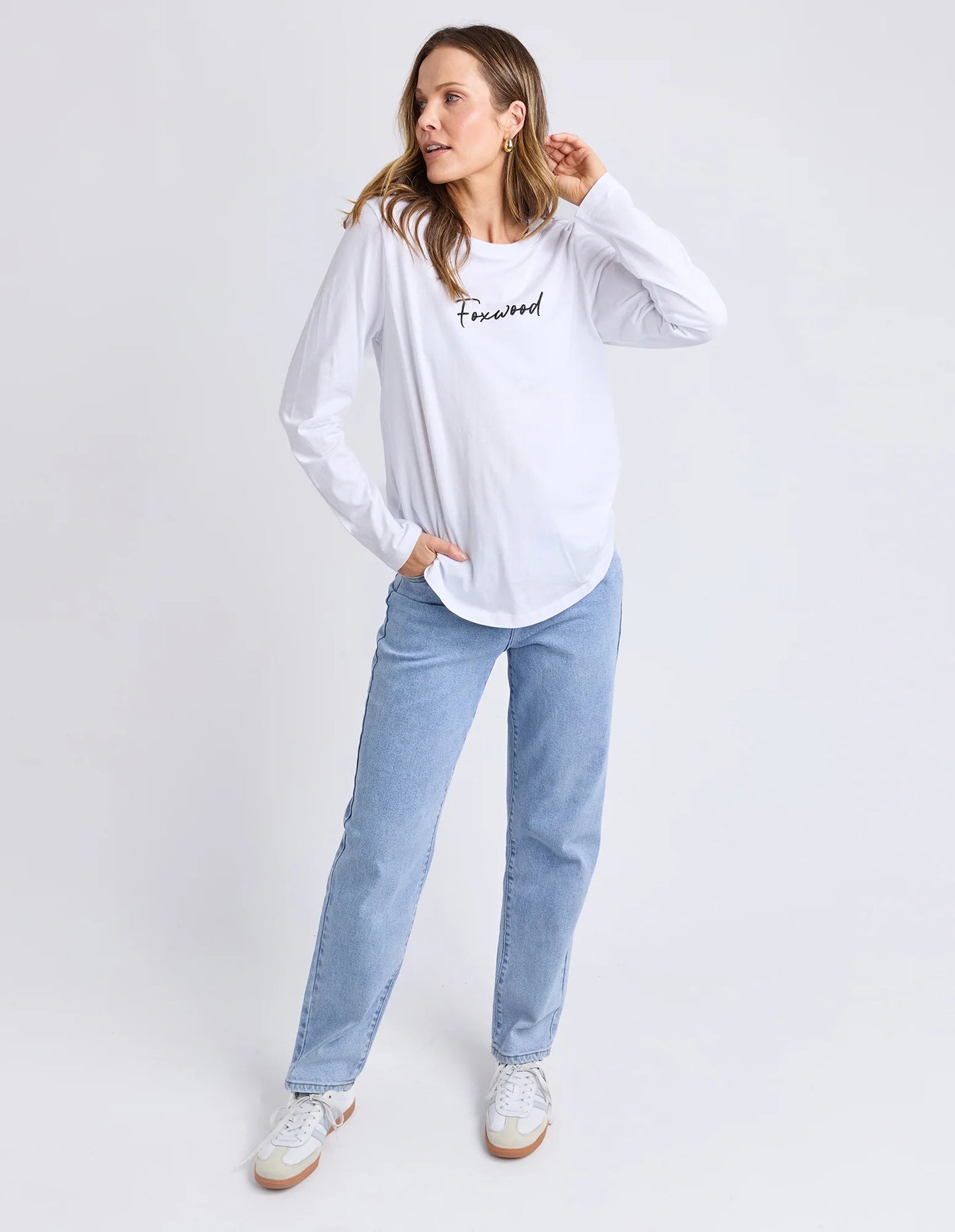 Model wearing Foxwood Signature Long Sleeve Tee — casual NZ style