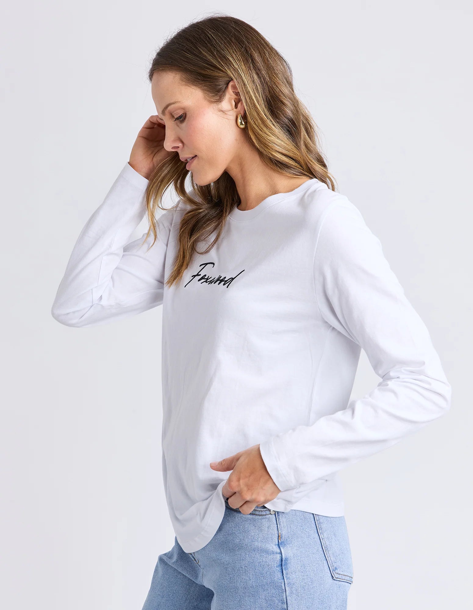 Side angle of Foxwood Signature Long Sleeve Tee