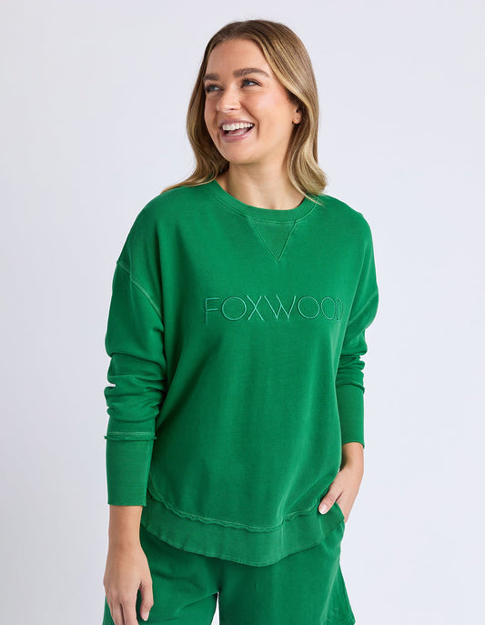 Foxwood Simplified Crew in Green with chest embroidery and curved hem — Salt & Honey NZ