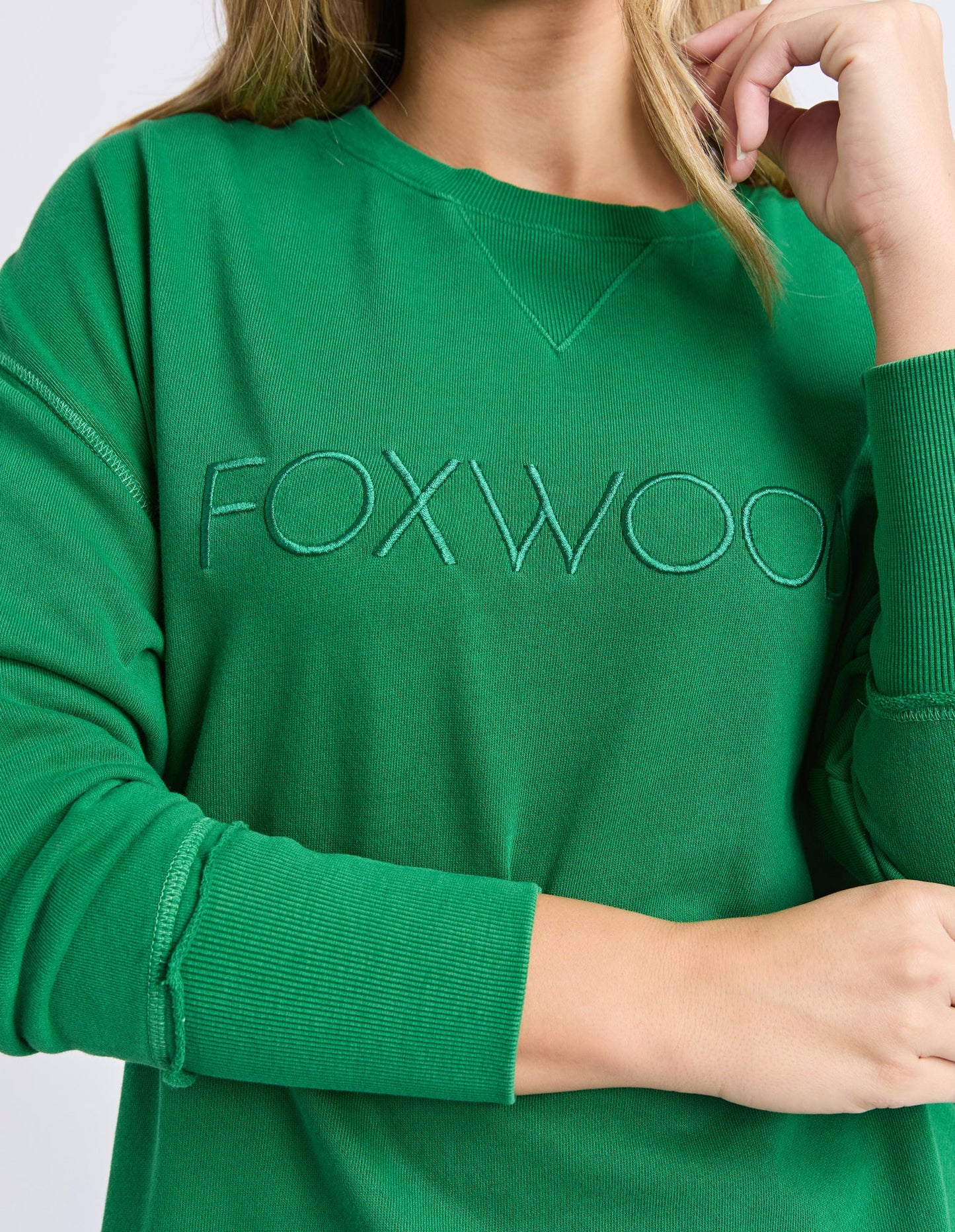 Close‑up of Foxwood Simplified Crew in Green showing soft cotton texture — Salt & Honey NZ

