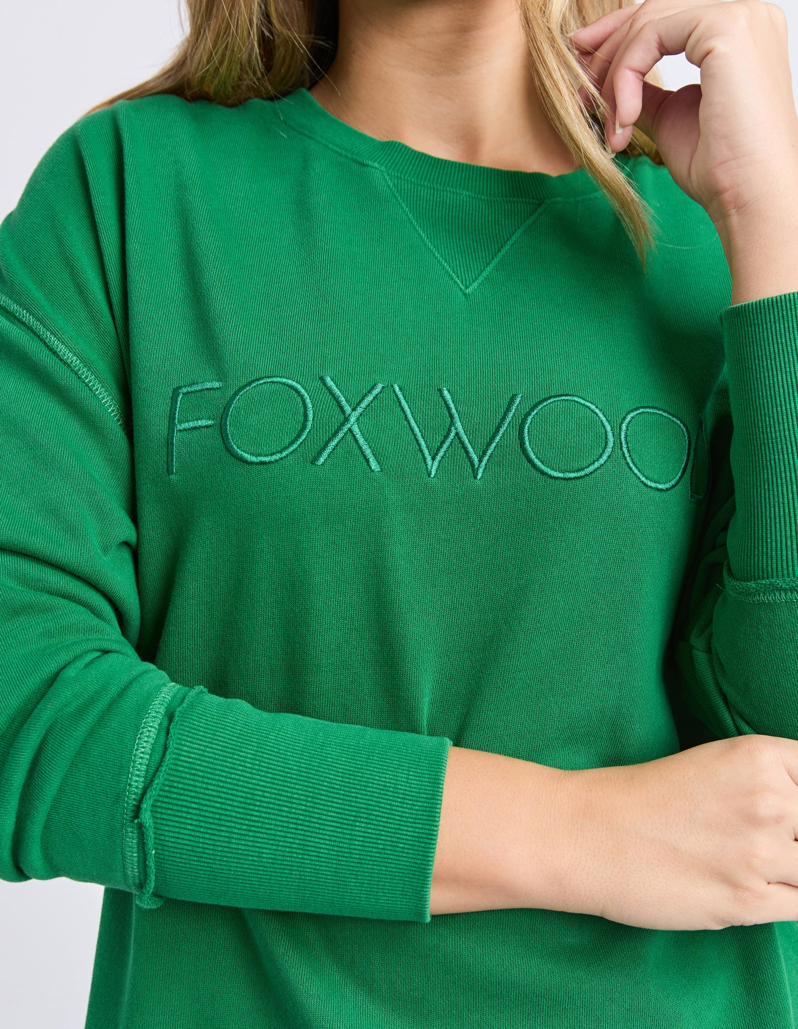Close‑up of Foxwood Simplified Crew in Green showing soft cotton texture — Salt & Honey NZ

