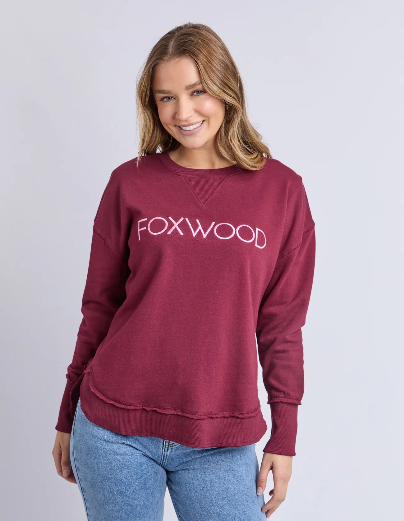 Foxwood Simplified Metallic Crew in Port with metallic chest embroidery and curved hi‑lo hem – Salt & Honey NZ”