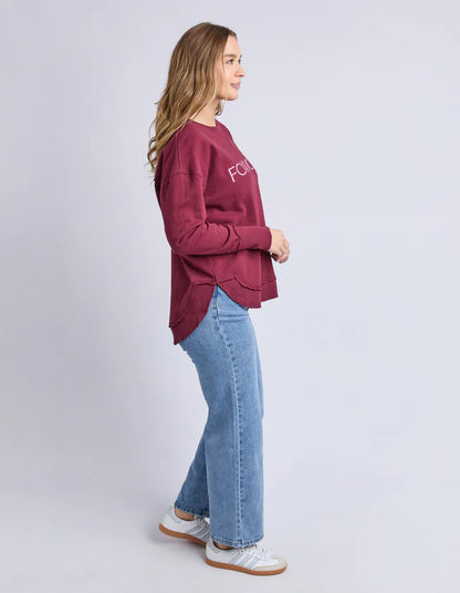 Foxwood Metallic Crew in Port with raw edge detailing — Salt & Honey NZ

