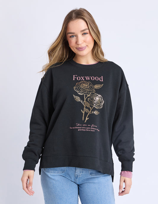Foxwood Thorn Crew - Black | Oversized Floral Graphic Cotton Sweatshirt