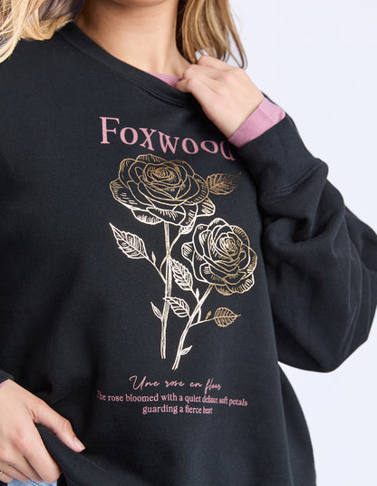 Foxwood Thorn Crew - Black | Oversized Floral Graphic Cotton Sweatshirt