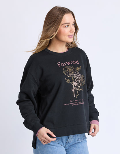 Foxwood Thorn Crew - Black | Oversized Floral Graphic Cotton Sweatshirt