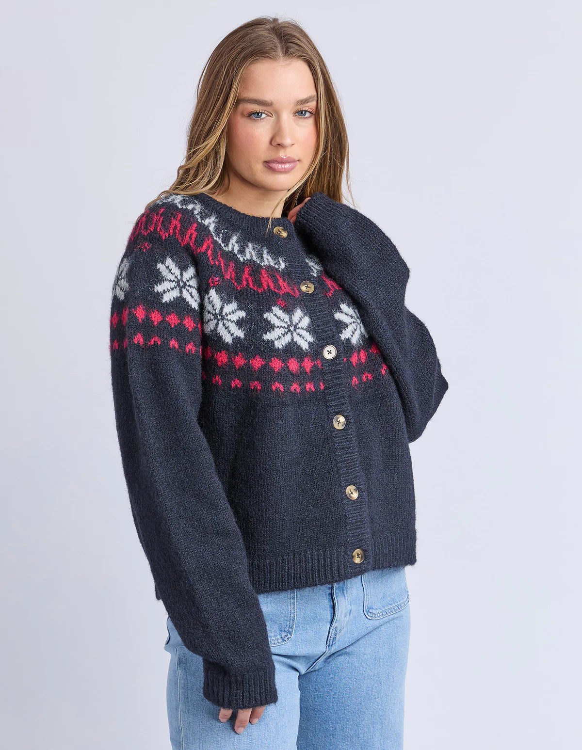 Foxwood Verbier Knit Crew Cardigan - Dark Sapphire | Women's Fair Isle Inspired Knit Cardi