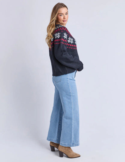 Foxwood Verbier Knit Crew Cardigan - Dark Sapphire | Women's Fair Isle Inspired Knit Cardi